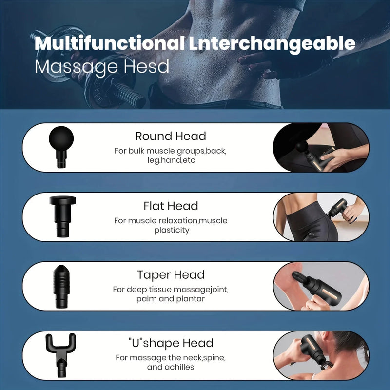 Mini portátil Fascia Massage Gun Massager elétrico de percussão pistola, relaxamento corporal, LED Touch Screen, 4 cabeças, presente de férias