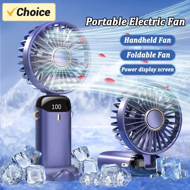 Mini USB Portable Fan, Foldable Portable Neck Hanging, 5 Speeds, USB Rechargeable Fan with Phone Holder and Display Screen