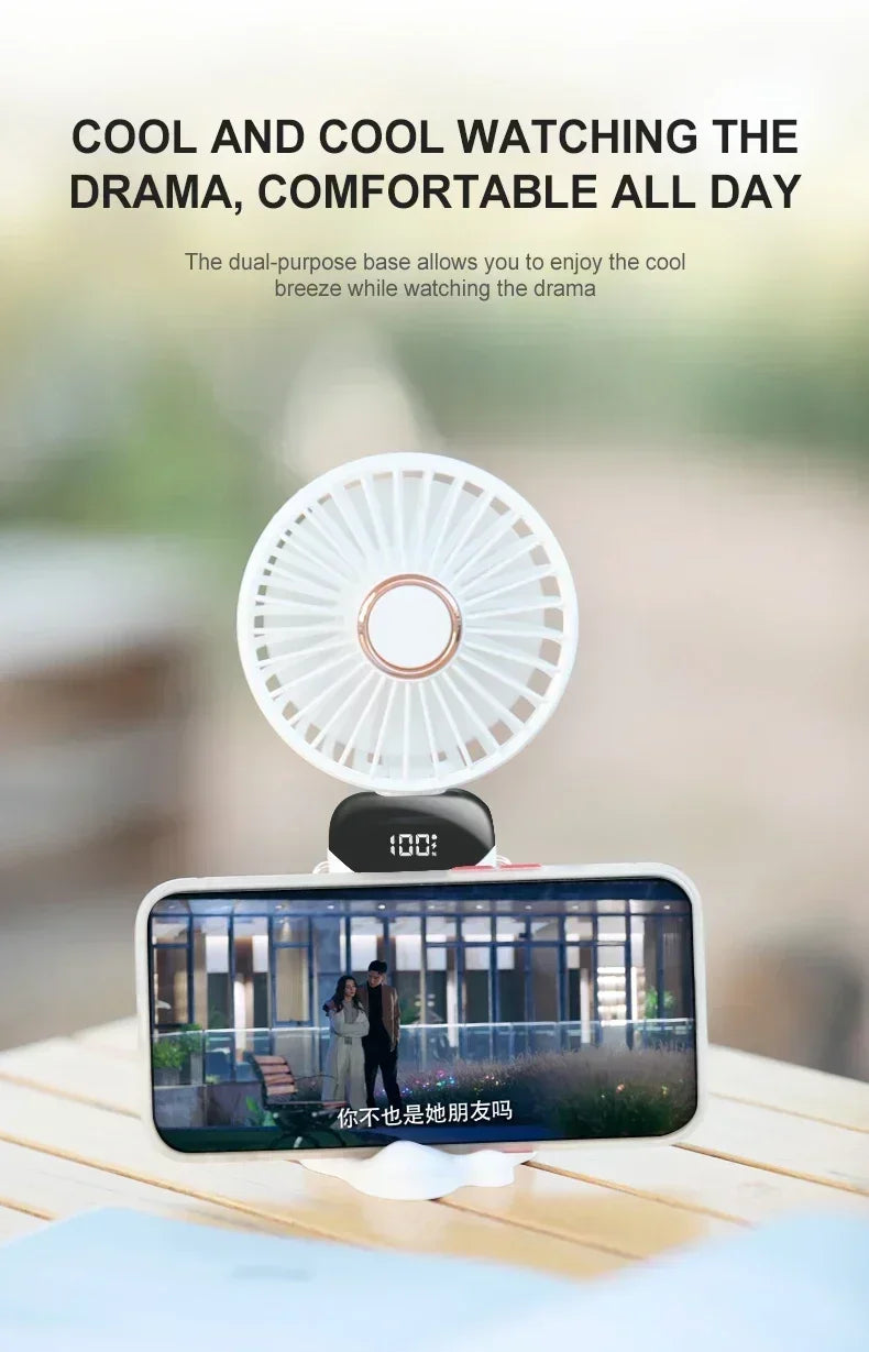 Mini USB Portable Fan, Foldable Portable Neck Hanging, 5 Speeds, USB Rechargeable Fan with Phone Holder and Display Screen