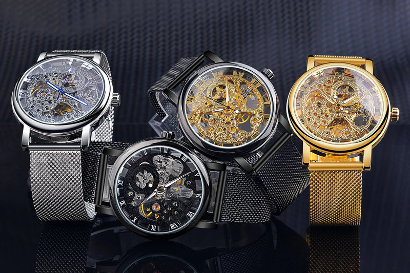 Homens vencedor Relógios Homens Esqueleto Relógios de Ouro Marrom De Couro Alça de Mão Mecânica do Vento Relógios De Pulso Homens montre homme Reloj Hombre