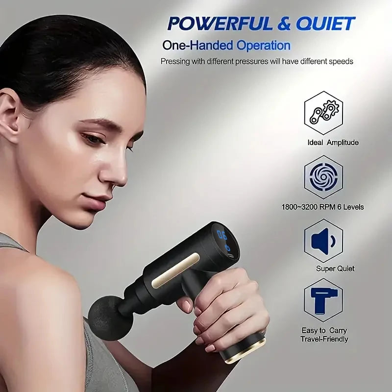 Mini portátil Fascia Massage Gun Massager elétrico de percussão pistola, relaxamento corporal, LED Touch Screen, 4 cabeças, presente de férias