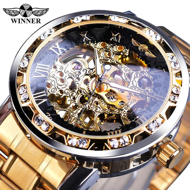 Fashion Hot Winner Top Luxury Brand Men Transparent Diamond Luminous Smovement Male Skeleton Mechanical Royal Design Wrist Watch