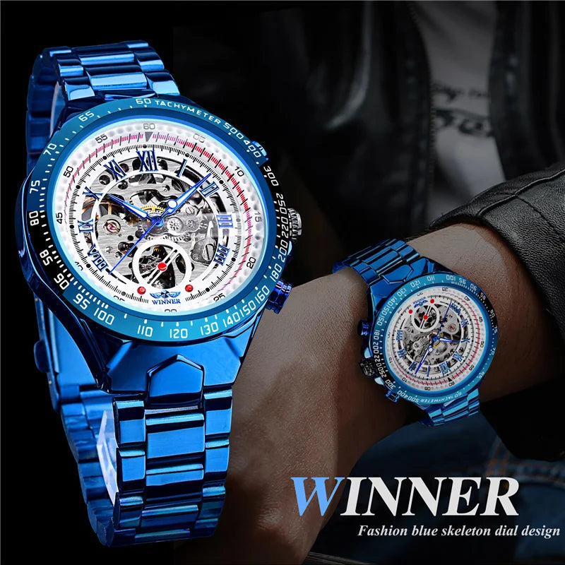 Vencedor 432A Relógio Mecânico Automático Masculino Azul Esqueleto LuxuryDesign 30M Impermeável Aço Inoxidável Correia Relógios Masculinos