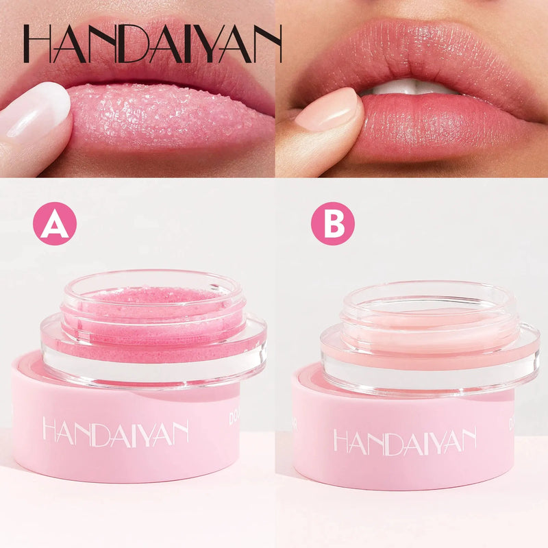 HANDAIYAN Esfoliante labial Hidratante Máscara de reparação labial Esfoliante de açúcar 2 em 1 Bálsamo esfoliante labial de dupla efeito