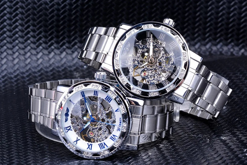 Fashion Hot Winner Top Luxury Brand Men Transparent Diamond Luminous Smovement Male Skeleton Mechanical Royal Design Wrist Watch