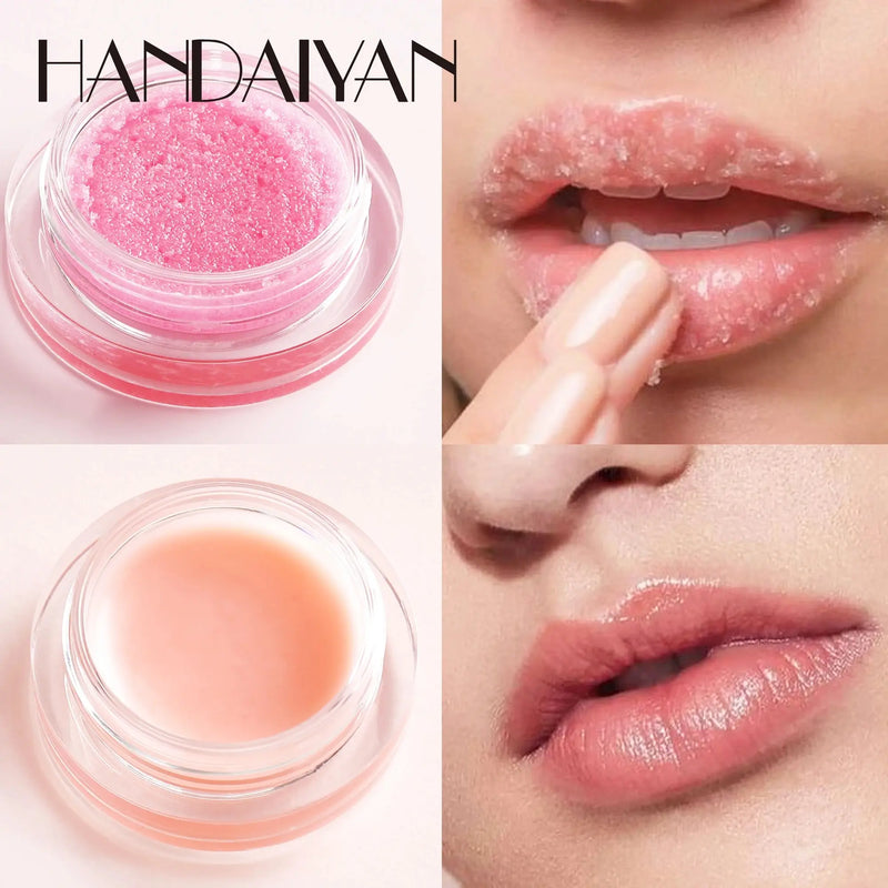 HANDAIYAN Esfoliante labial Hidratante Máscara de reparação labial Esfoliante de açúcar 2 em 1 Bálsamo esfoliante labial de dupla efeito