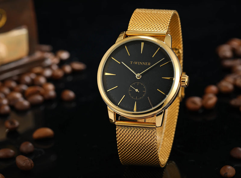 Vencedor-Men's Original Replica Mechanical Watch, Malha Strap, Impermeável, Elegante, Moda, Casual, Relógio de pulso, Oficial, Homens