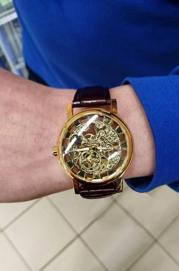 Homens vencedor Relógios Homens Esqueleto Relógios de Ouro Marrom De Couro Alça de Mão Mecânica do Vento Relógios De Pulso Homens montre homme Reloj Hombre