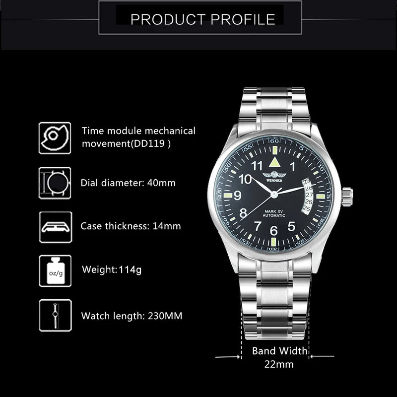 Vencedor negócios relógio automático para homens moda calendário janela mostrador preto casual pulseira de couro marca luxo relógios mecânicos