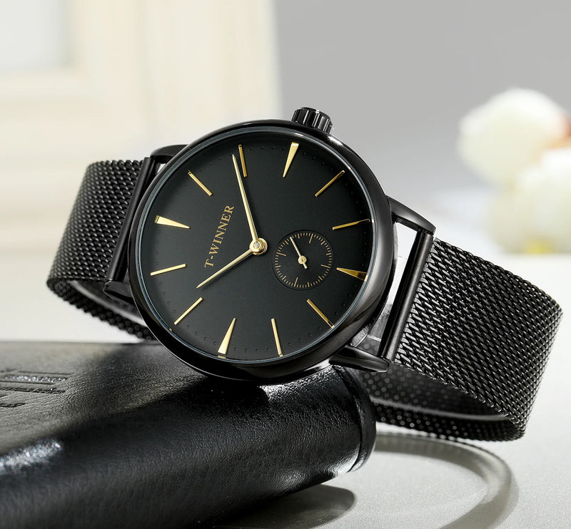 Vencedor-Men's Original Replica Mechanical Watch, Malha Strap, Impermeável, Elegante, Moda, Casual, Relógio de pulso, Oficial, Homens