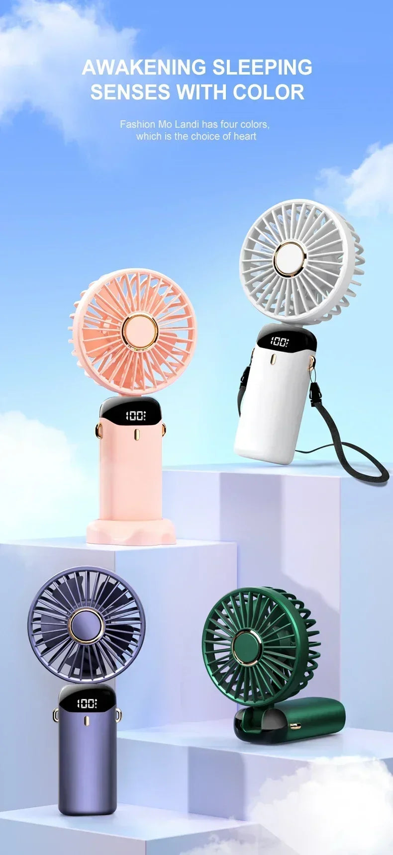 Mini USB Portable Fan, Foldable Portable Neck Hanging, 5 Speeds, USB Rechargeable Fan with Phone Holder and Display Screen