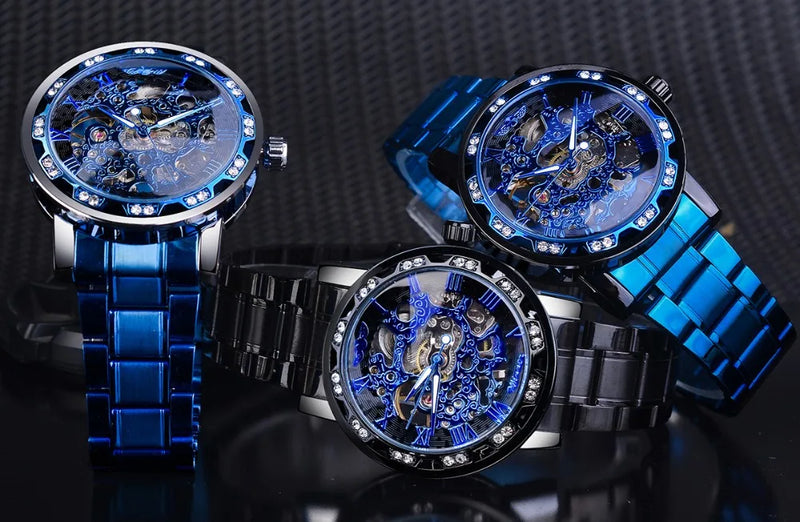 Fashion Hot Winner Top Luxury Brand Men Transparent Diamond Luminous Smovement Male Skeleton Mechanical Royal Design Wrist Watch