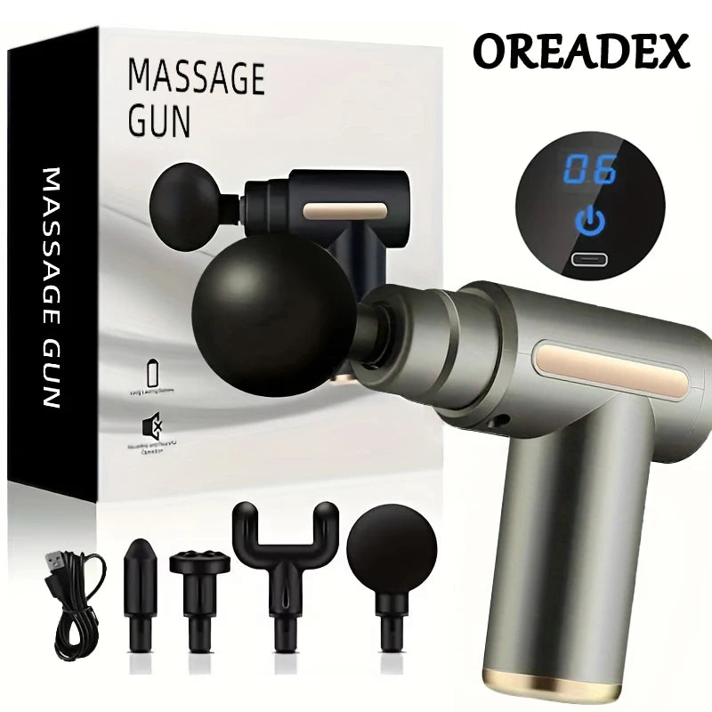 Mini portátil Fascia Massage Gun Massager elétrico de percussão pistola, relaxamento corporal, LED Touch Screen, 4 cabeças, presente de férias